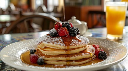 Poster - A plate of fluffy pancakes topped with fresh berries and maple syrup, served in a cozy breakfast diner.