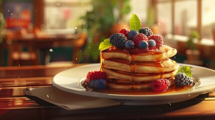 Poster - A plate of fluffy pancakes topped with fresh berries and maple syrup, served in a cozy breakfast diner.