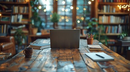 Poster - A close-up view of a rustic wooden desk featuring a laptop, various notepads, and colorful pens, against a blurry background of bookshelves filled with books. Generative AI.