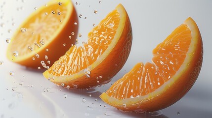 Poster - 3 orange slices, orange colored, 3 fresh plump orange slices diced Floating in the air, isolated on white background. Generative AI.