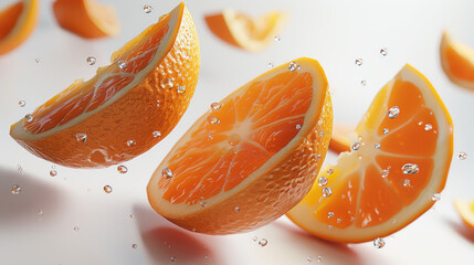 Poster - 3 orange slices, orange colored, 3 fresh plump orange slices diced Floating in the air, isolated on white background. Generative AI.
