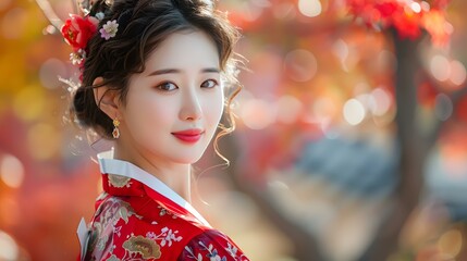 Wall Mural - Portrait of a beautiful young Korean woman in traditional Korean dress, or Hanbok