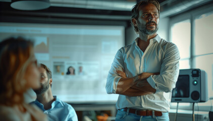 Aufkleber - A man is standing in front of a projector, explaining a marketing strategy to his team. He is a project manager. Generative AI.