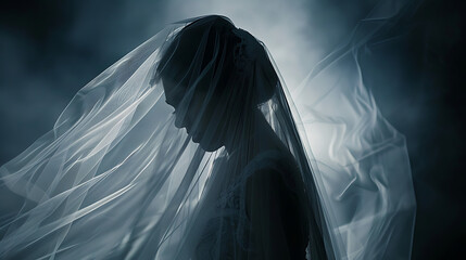 Studio photo of a wedding veil moving, shadow black background