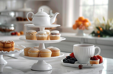 Poster - Afternoon tea on a white wooden three tier serving stand with pastries, cupcakes and fruits, a teapot in the background on a marble table. A white ceramic cup of coffee nearby. Generative AI.
