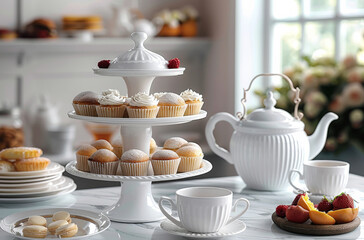 Poster - Afternoon tea on a white wooden three tier serving stand with pastries, cupcakes and fruits, a teapot in the background on a marble table. A white ceramic cup of coffee nearby. Generative AI.