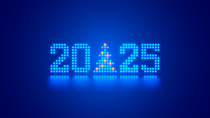 Aufkleber - 2025 digits, Christmas tree consist glowing pixels in technology style on blue background. New Year card or digital tech calendar poster. Logo of 2025 year hanging over reflection polished surface.