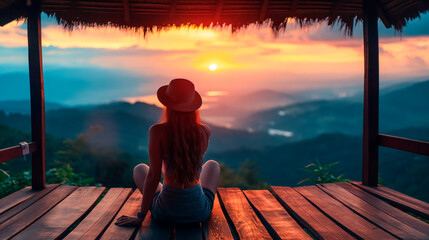 Poster - Woman sitting on a wooden platform overlooking a mountainous sunset, evoking tranquility, on a natural background. Generative AI