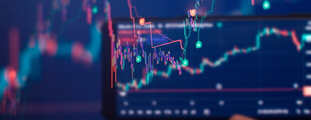 Wall Mural - Business statistics and Analytics value . Abstract glowing forex chart interface background. Investment, trade, stock, finance and analysis concept.