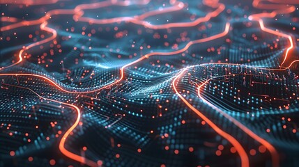 An illustration of an artificial intelligence brain composed of interconnected circuit lines and glowing nodes. The background features a gradient from dark to light blue. Settings: Bright, vibrant