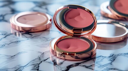 Aufkleber - Close-up image of compact cases with powder and blush resting on a marble surface. Generative AI