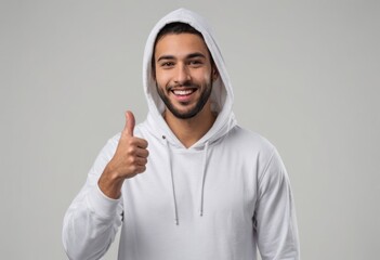 Poster - A man in a white hoodie gives a thumbs-up, presenting a relaxed yet positive attitude.