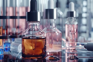 Poster - Close-up of glass bottles with serums and droplets in a laboratory setting. Generative AI