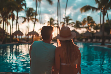 Poster - Couple enjoying sunset by a tropical poolside, photographed from behind, palm trees in the background, depicting a vacation concept. Generative AI