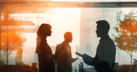 Aufkleber - Silhouettes of business people during a meeting, artistic style, natural lit office background, concept of teamwork. Generative AI