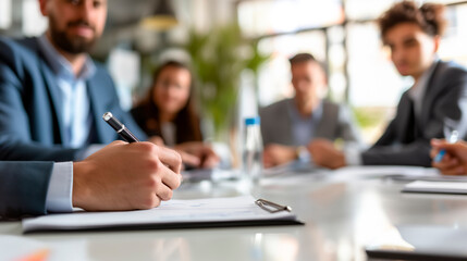 Wall Mural - Business meeting focus on hand writing notes, blurred people in the background, concept of teamwork. Generative AI