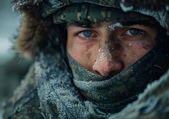 Wall Mural - Portrait of a soldier in the cold weather with snow on his face