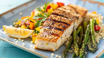 Wall Mural - A tempting fish steak grilled to perfection and served with a colorful Mediterranean couscous salad and grilled asparagus spears on a stylish square plate, against a bright and airy background.