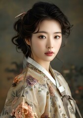 Portrait of a young woman in traditional Korean dress, or Hanbok