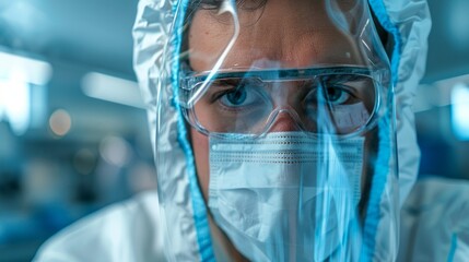 Poster - A man in a white lab coat and blue gloves is wearing a face mask