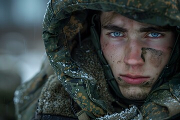 Portrait of a young soldier in winter uniform