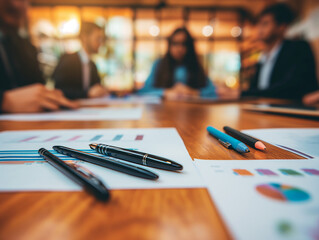 Aufkleber - Close-up of pens and charts on a table during a business meeting, warm indoor lighting, concept of teamwork. Generative AI
