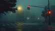 © Plaifah - A traffic light at an empty intersection in the early morning hours, with mist rising from the pavement and streetlights casting a soft glow.