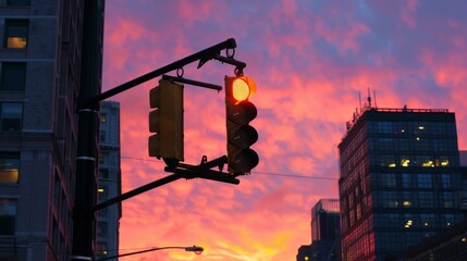 Poster - A traffic light at dusk, with the sky turning shades of pink and orange as the sun sets behind urban buildings in the background.
