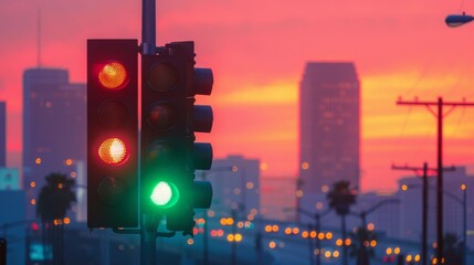 Poster - A traffic light at dusk, with the sky turning shades of pink and orange as the sun sets behind urban buildings in the background.