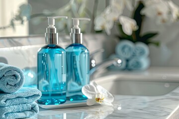 Aufkleber - Two blue bottles of shampoo and conditioner on a countertop in a bathroom. Generative AI