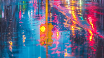 Fototapete - A traffic light reflected in a rain-soaked street, with colorful streaks of light and reflections creating an artistic urban scene.
