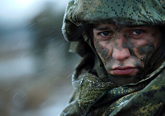 Portrait of a Russian soldier in winter camouflage