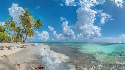 Sandy beach landscape, wide sea, blue clouds, coconut trees, white sand.