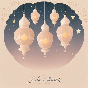 Eid Al Adha mubarak greeting card. Hanging colorful lantern