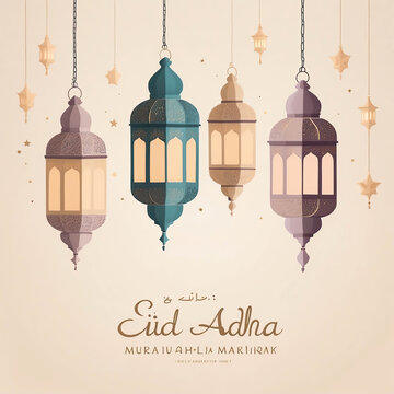 Eid Al Adha mubarak greeting card. Hanging colorful lantern