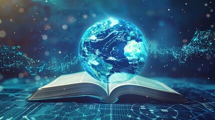 Wall Mural - Futuristic global education with open book and planet map on blue background