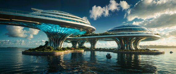 AI generated illustration of futuristic city on water with numerous levels and abundant windows