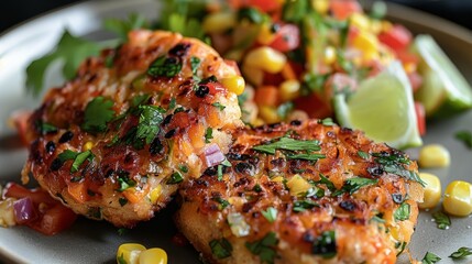 Salmon cakes fire roasted corn salsa. Generative AI.