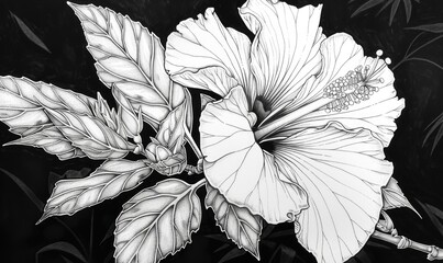Wall Mural - Monochrome illustration of Hibiscus