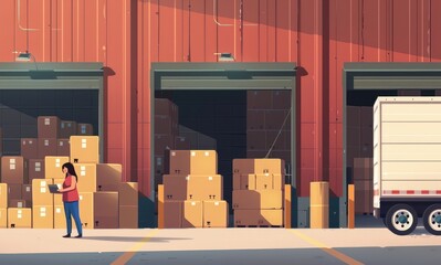 Wall Mural - Outside of Logistics Retailer Warehouse With Female Manager Using Tablet Computer, Worker Loading Delivery Truck with Cardboard Boxes. Online Orders, Purchases, E-Commerce Goods, Merchandise