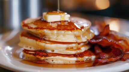 Poster - Close-up of a stack of fluffy pancakes with maple syrup and a pat of melting butter, served on a white ceramic plate with a side of crispy bacon.