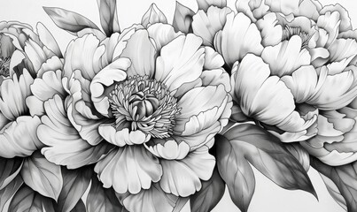 Wall Mural - Black and white illustration of peonies