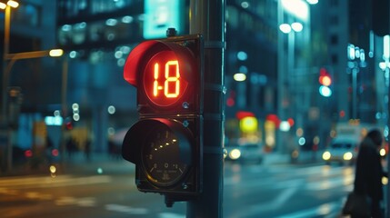 Poster - Close-up of a traffic light with a countdown timer, indicating the seconds remaining until the light changes, helping pedestrians gauge when to cross the street.