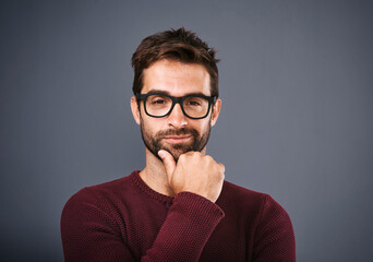 Poster - Studio, glasses and man with vision, portrait and wellness with eye care, product and smile for lens. Black background, face and happiness for person, prescription and eyewear with fashion in USA