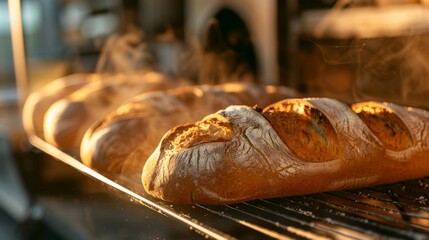 Wall Mural - Freshly baked bread loaves cooling on a wire rack in a bakery kitchen, with steam rising and golden crusts glistening in the morning light.