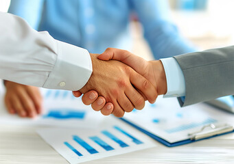 Poster - Two people in business attire shaking hands over financial charts, symbolizing agreement or partnership. Generative AI