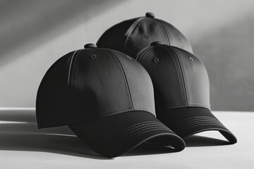 black cap on black background,Elevate your cap designs with this sleek and professional mockup featuring two black baseball caps neatly arranged on a minimalist grey table background