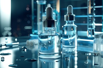 Poster - A close-up image of glass serum bottles with droplets on a shiny laboratory surface. Generative AI