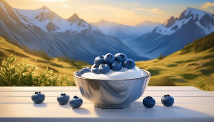 Wall Mural - a bowl of blueberries and yoghurt on a table in the mountains