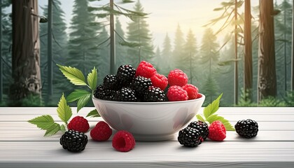 Wall Mural - a bowl of blackberries and raspberries on a table in the forest
